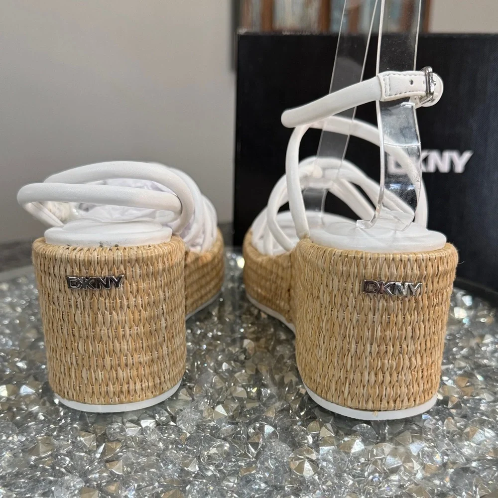 DKNY White Strappy Wedge Sandals with Woven espadrille Platform NEW 6.5